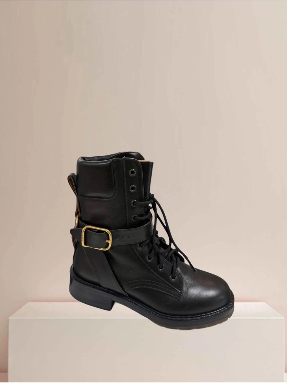 Chloe Diane Black Calf Leather Buckle Lace Up Combat Boot Size 37